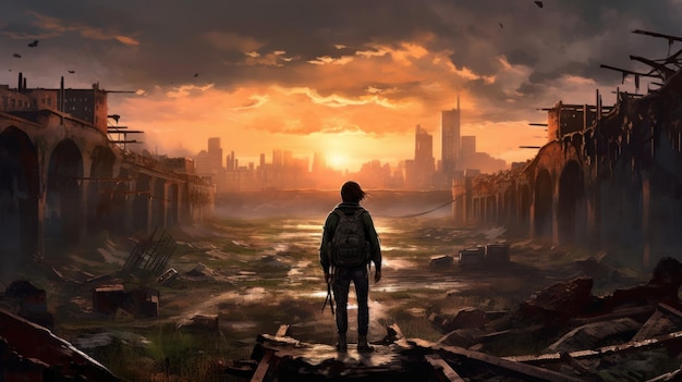 Un homme se tient sur une voie ferrée en regardant une ville au coucher du soleil.