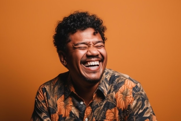 un homme sur une séance photo de fond de couleur unie avec l'expression du visage de rire