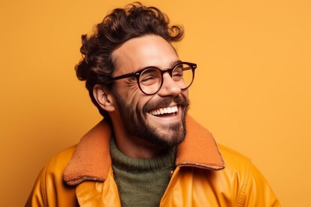 un homme sur une séance photo de fond de couleur unie avec l'expression du visage de rire