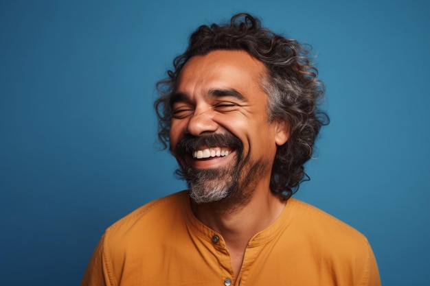 un homme sur une séance photo de fond de couleur unie avec l'expression du visage de rire