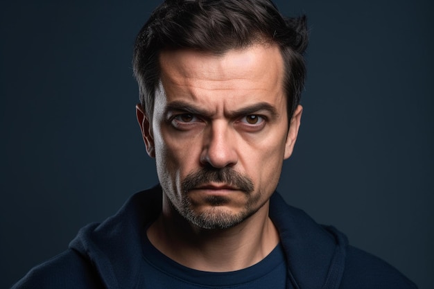 un homme sur une séance photo de fond de couleur unie avec une expression faciale sérieuse