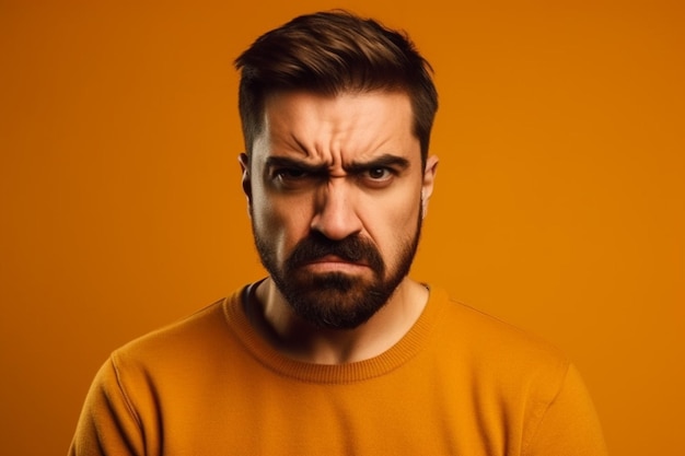 un homme sur une séance photo de fond de couleur unie avec une expression de visage de colère