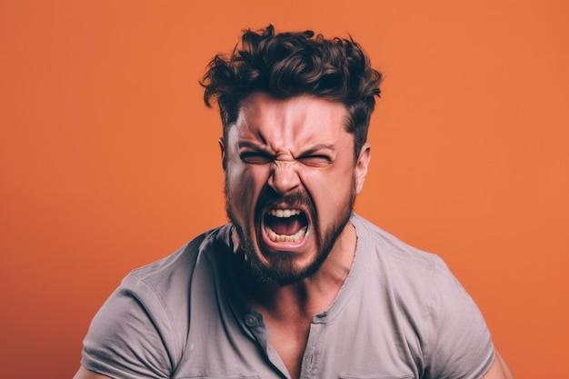 un homme sur une séance photo de fond de couleur unie avec une expression de visage de colère