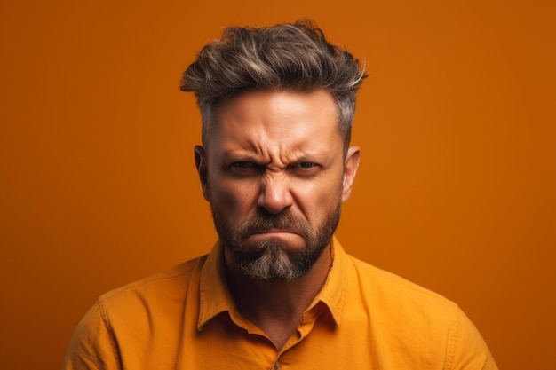 un homme sur une séance photo de fond de couleur unie avec une expression de visage de colère