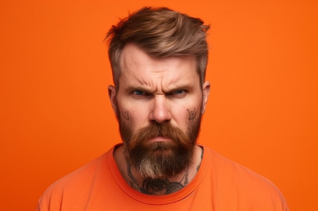 un homme sur une séance photo de fond de couleur unie avec une expression de visage de colère