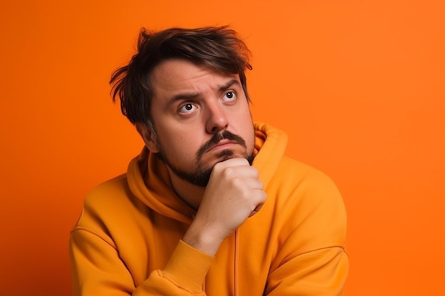 un homme sur une séance photo de fond de couleur unie avec une expression de visage de dégoût