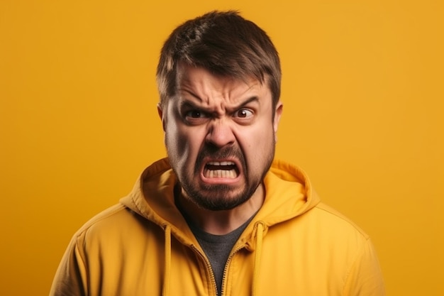 un homme sur une séance photo de fond de couleur unie avec une expression de visage de dégoût