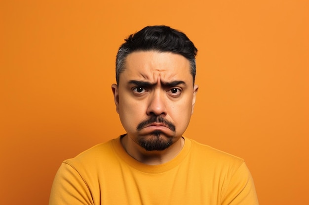 un homme sur une séance photo de fond de couleur unie avec une expression de visage de dégoût