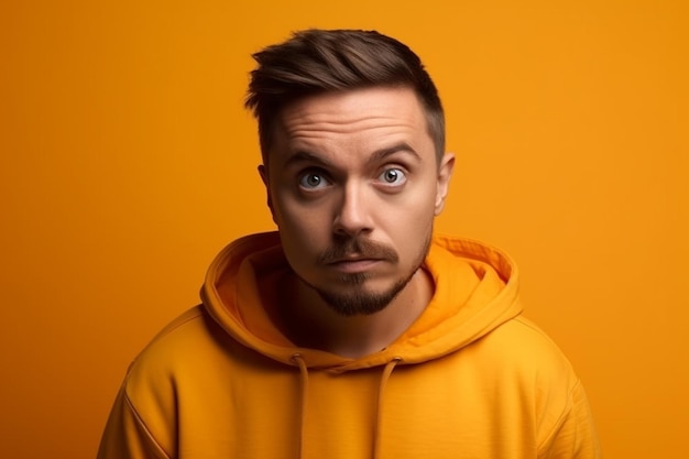 un homme sur une séance photo de fond de couleur unie avec une expression de visage de peur