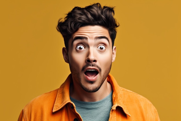 un homme sur une séance photo de fond de couleur unie avec une expression de visage surprise