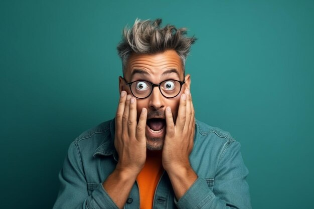 un homme sur une séance photo de fond de couleur unie avec une expression de visage surprise