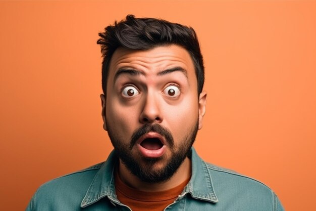 un homme sur une séance photo de fond de couleur unie avec une expression de visage surprise