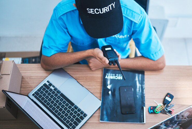 Photo homme de sécurité radio et conversation au bureau avec vue de dessus pour la surveillance de la sécurité et la communication au travail talkie-walkie de garde et contact pour le service de protection de l'information et ordinateur portable dans la salle de contrôle