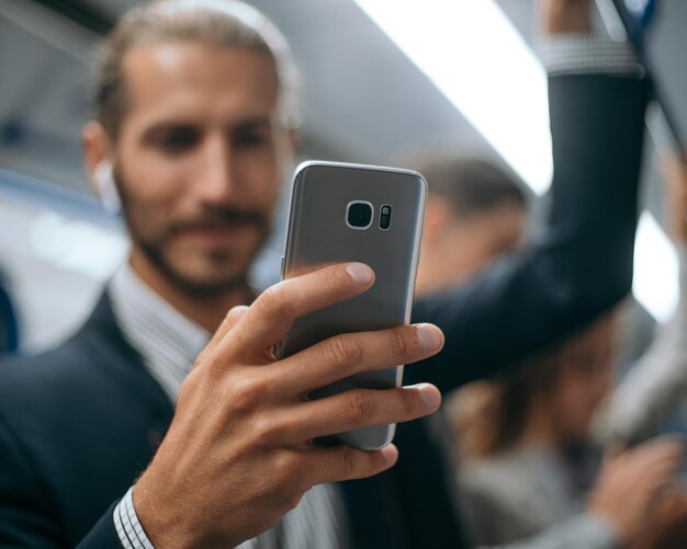 Homme séduisant à l'aide de son smartphone dans la rame de métro