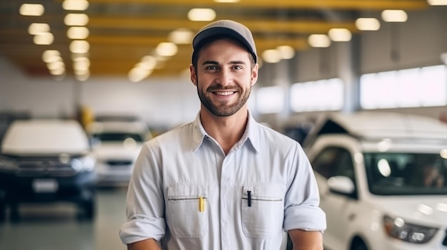 Homme séduisant heureux avec un bon mécanicien, service d'entretien automobile, réclamation d'assurance, location de voiture