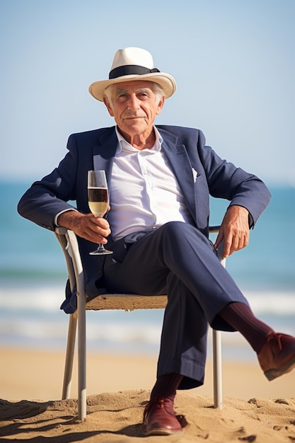 Un homme de seignon élégant avec un verre de vin est assis sur une chaise sur le rivage de sable fin.