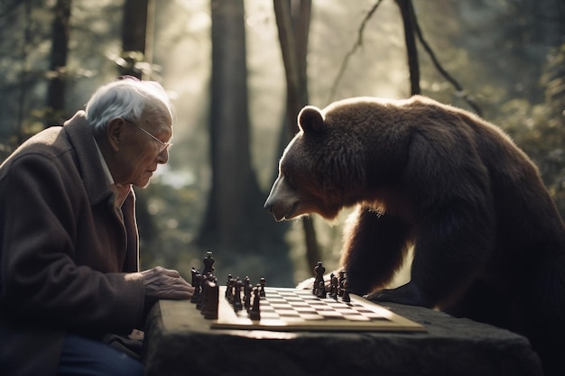 Photo homme senior ai génératif assis à l'extérieur de la forêt jouant aux échecs avec un ours