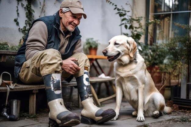 Homme senior avec chien dans la rue