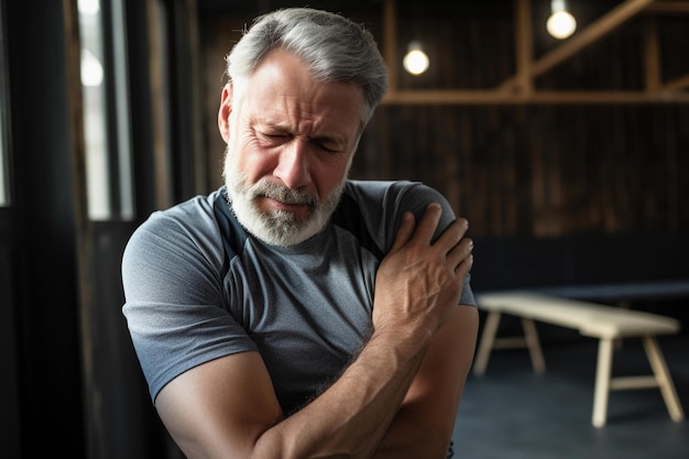 Homme senior avec douleur à l'épaule à la maison