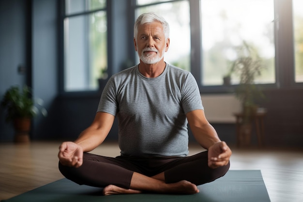 Homme senior mature pratiquant le yoga à la maison Generative AI