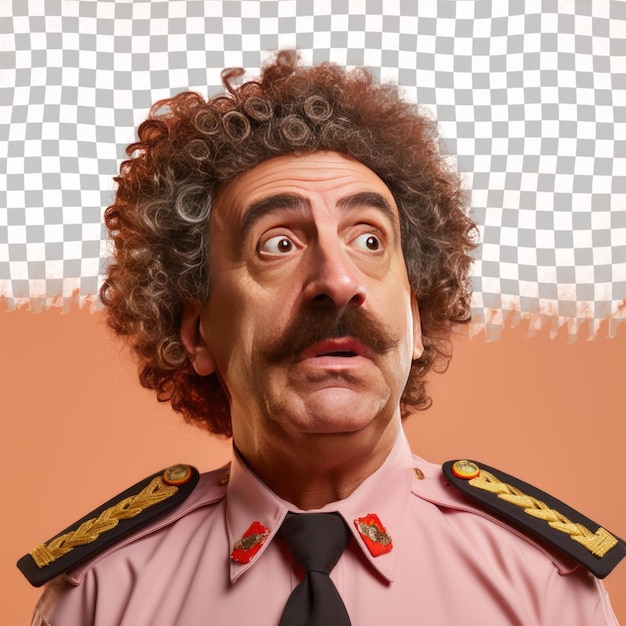 Un homme senior ravi aux cheveux bouclés de l'origine ethnique du Moyen-Orient, vêtu d'une tenue d'officier de police, pose dans un style regard dramatique vers le haut sur un fond abricot pastel