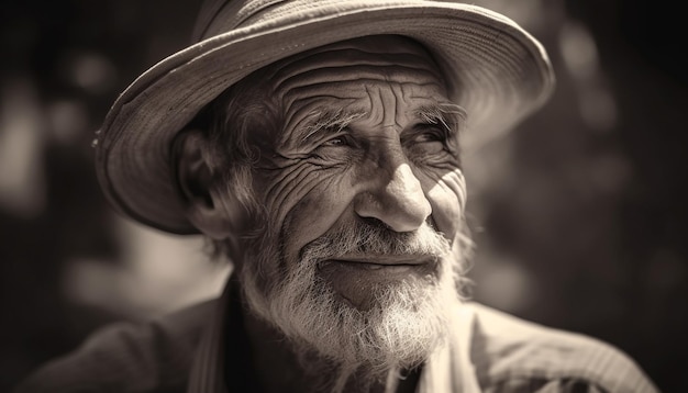 Homme senior souriant au chapeau de paille à l'extérieur généré par l'IA