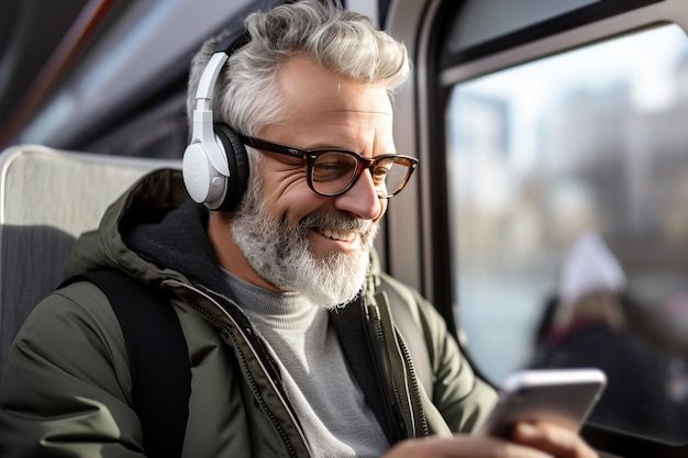 Homme senior tenant un téléphone portable écoutant de la musique avec des écouteurs dans un bus IA générative