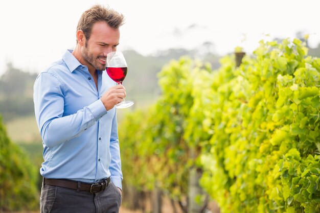 Homme sentant le vin rouge