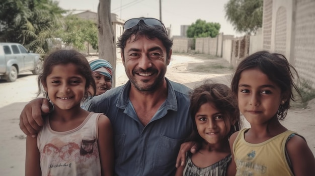 Un homme avec ses enfants dans un village afghan