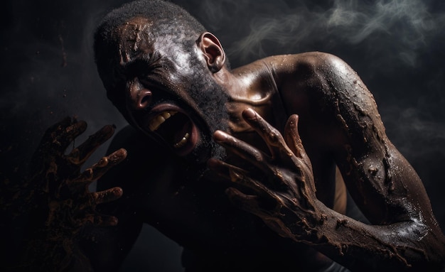 Photo un homme avec ses mains en l'air et son visage couvert de boue ai