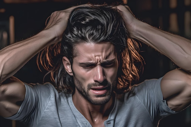 Photo un homme avec ses mains dans ses cheveux il est agité nerveux anxieux