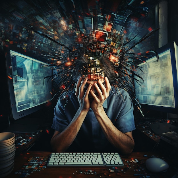 un homme avec ses mains sur son visage devant un écran d'ordinateur.
