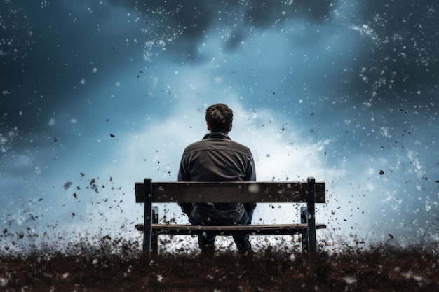 Un homme seul assis sur le banc avec un ciel bleu