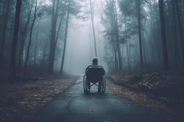 Homme seul en fauteuil roulant d'humeur contemplative AI générative