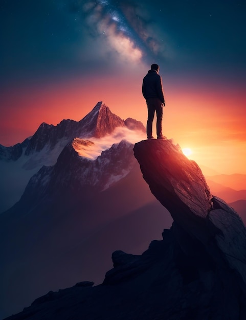 Photo un homme seul sur une montagne sombre.