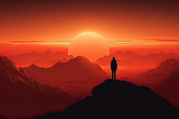 Un homme seul se découpant sur le soleil couchant en regardant l'horizon du haut d'un sommet de montagne