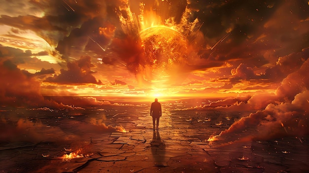 Photo un homme seul sur une terre fissurée le ciel est en feu l'apocalypse est là