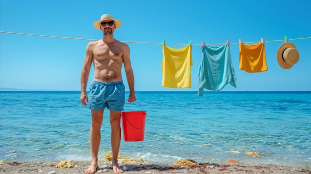 Un homme en short de bain bleu avec un seau sur une plage ensoleillée