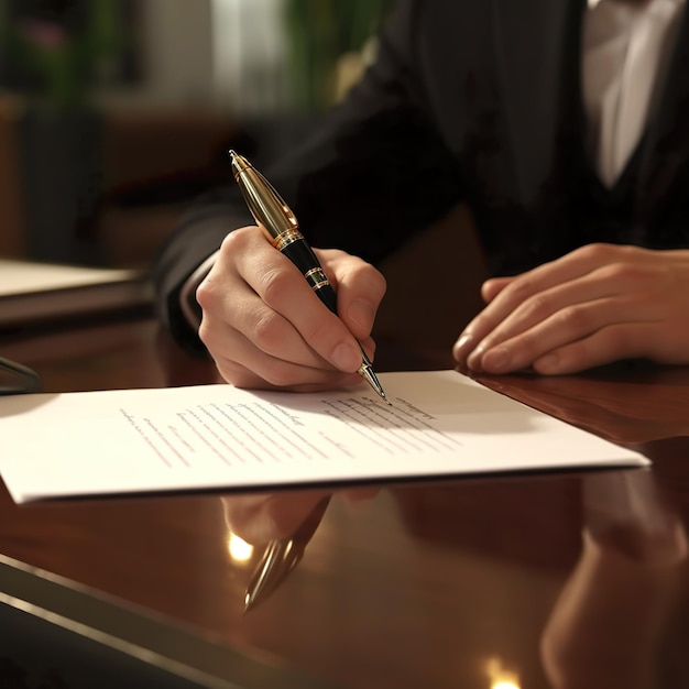 Un homme signant un document avec un stylo dessus