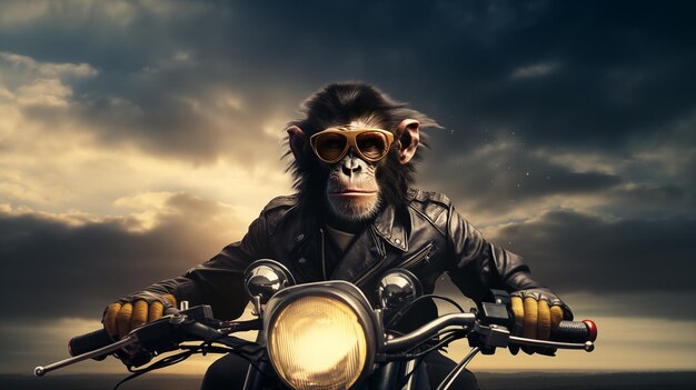 Un homme singe sur une moto Portrait d'un animal sauvage