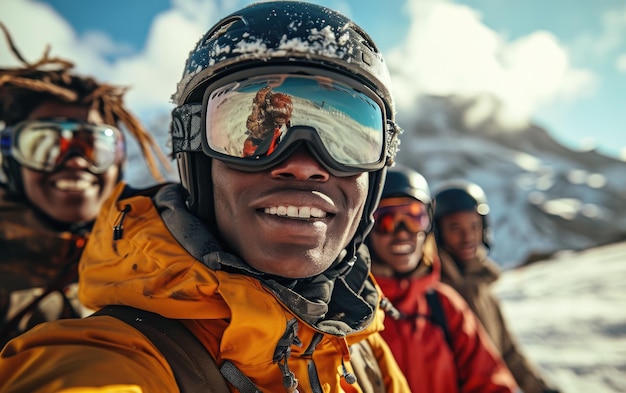 homme de ski avec des amis avec des lunettes de ski et un casque de ski sur la montagne de neige