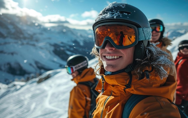 homme de ski avec des amis avec des lunettes de ski et un casque de ski sur la montagne de neige