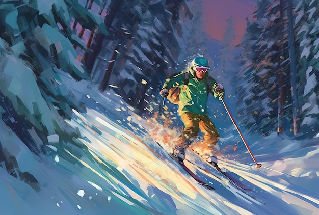 un homme en skis courant sur un sentier enneigé dans le style de l'attention aux détails