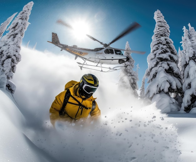 Photo un homme sur des skis et l'hélicoptère derrière lui