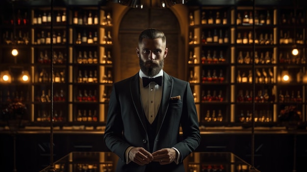 Un homme en smoking debout derrière des bouteilles de vin.