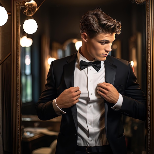 Photo un homme en smoking se regarde dans le miroir.