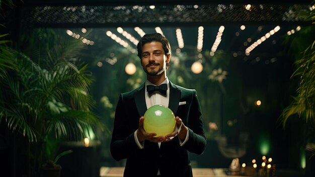 Photo un homme en smoking tient une balle devant un globe vert