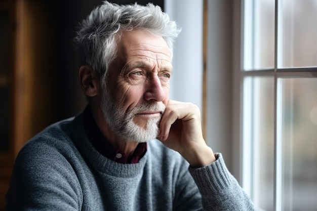 Un homme d'une soixantaine d'années regarde par la fenêtre seul à la maison, touchant le menton, perdu dans ses pensées.