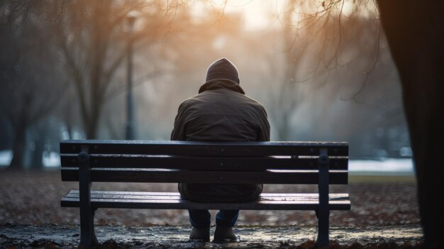 Un homme solitaire assis sur un banc au milieu du parc
