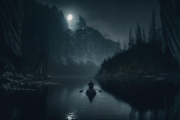 Un homme solitaire conduisant un bateau à travers une forêt effrayante la nuit près d'une grande montagne